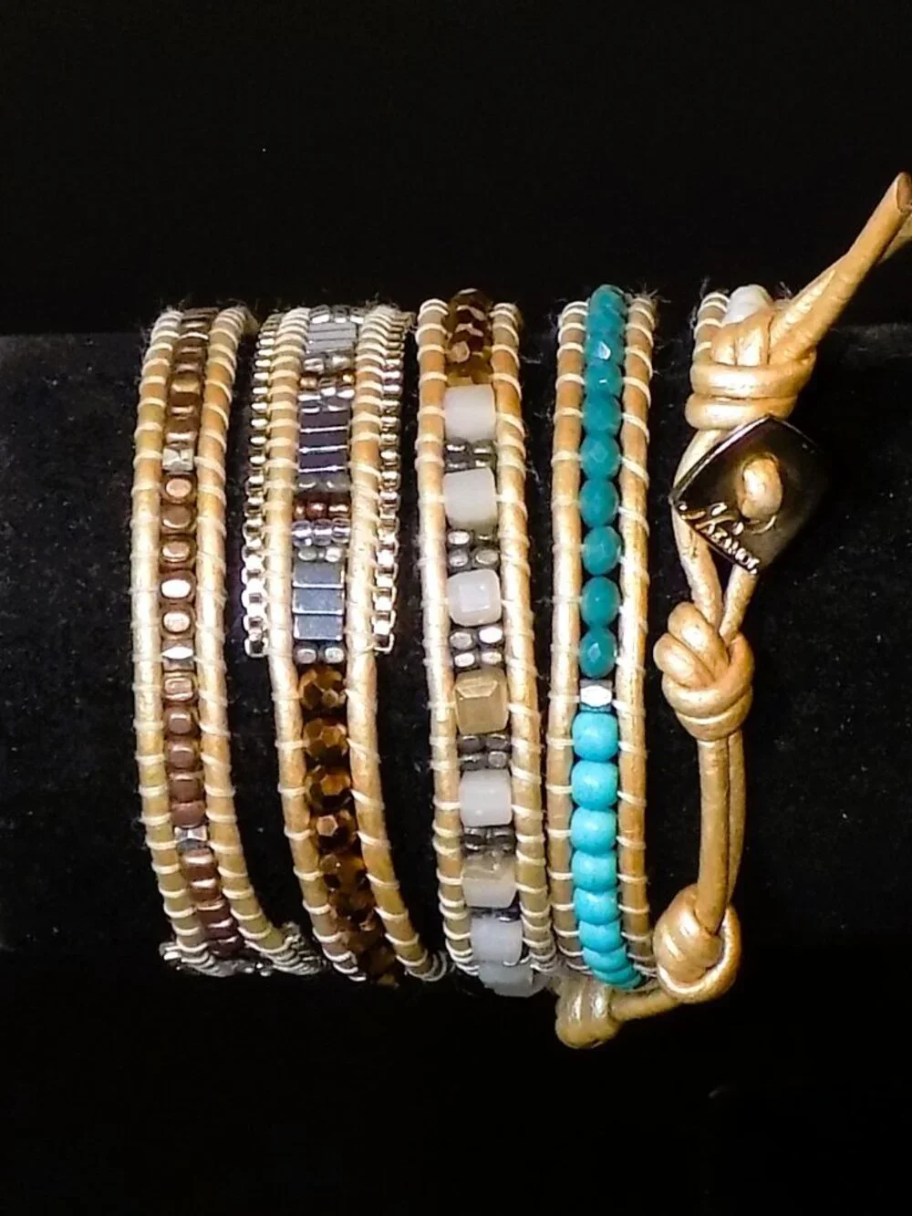 Nakamol Long Beaded Boho Wrap Bracelet.  Lame Cord, Crystal, Metal, Earthtones